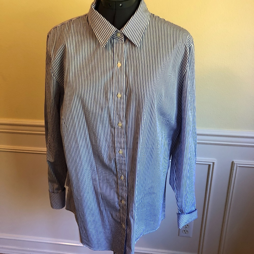 NEW Gap Women's Blue White Button Down Cotton Classic Striped Blouse XL